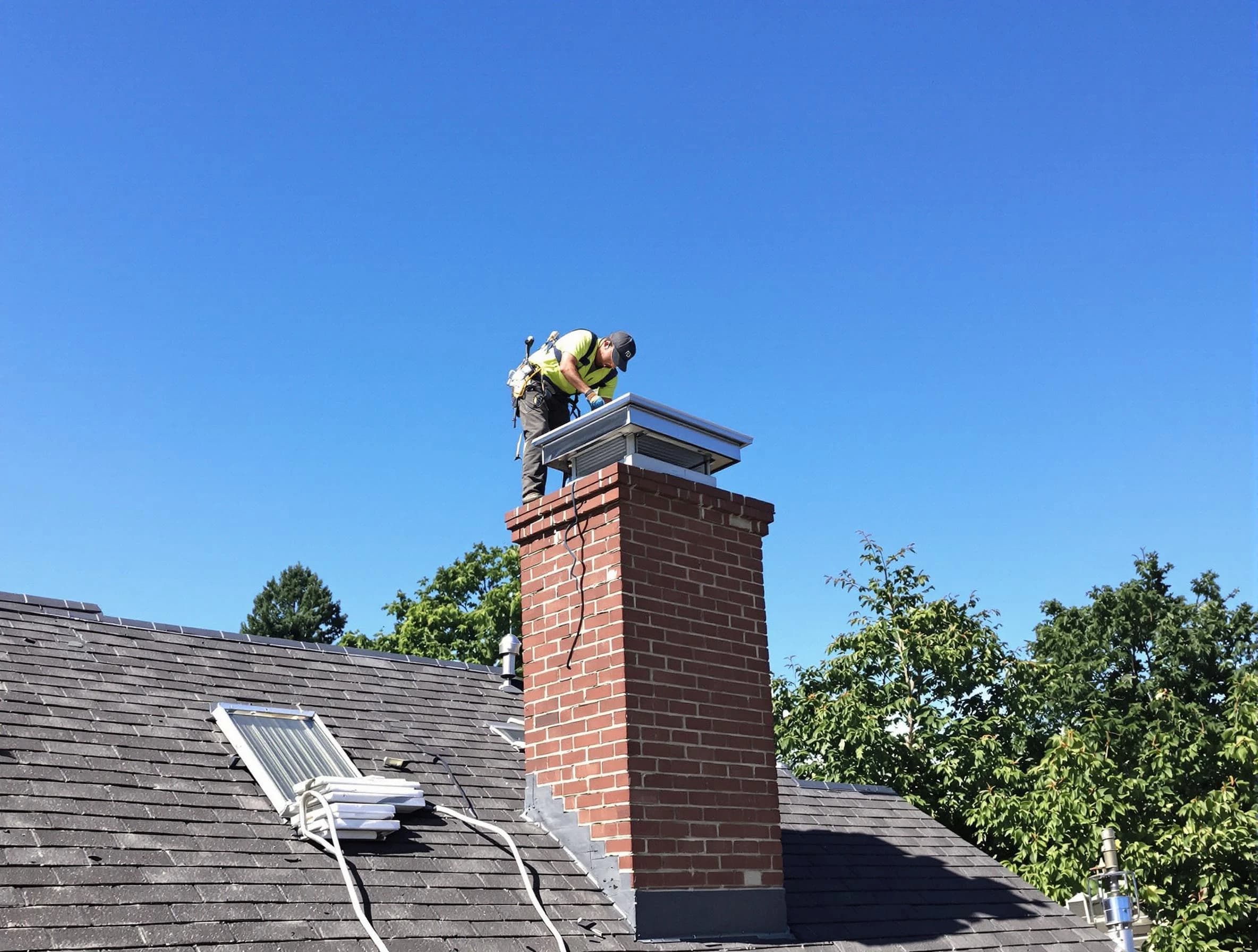 Hooper Chimney Sweep technician measuring a chimney cap in Hooper, UT